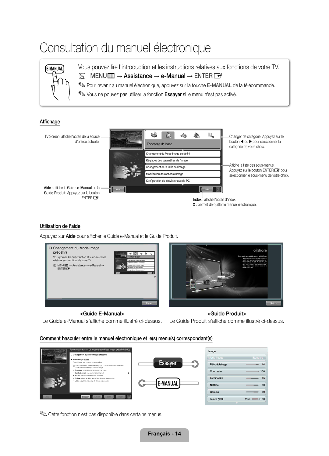 Samsung UE37D6200TSXZF Menu m→ Assistance → e-Manual → Enter E, Cette fonction nest pas disponible dans certains menus 