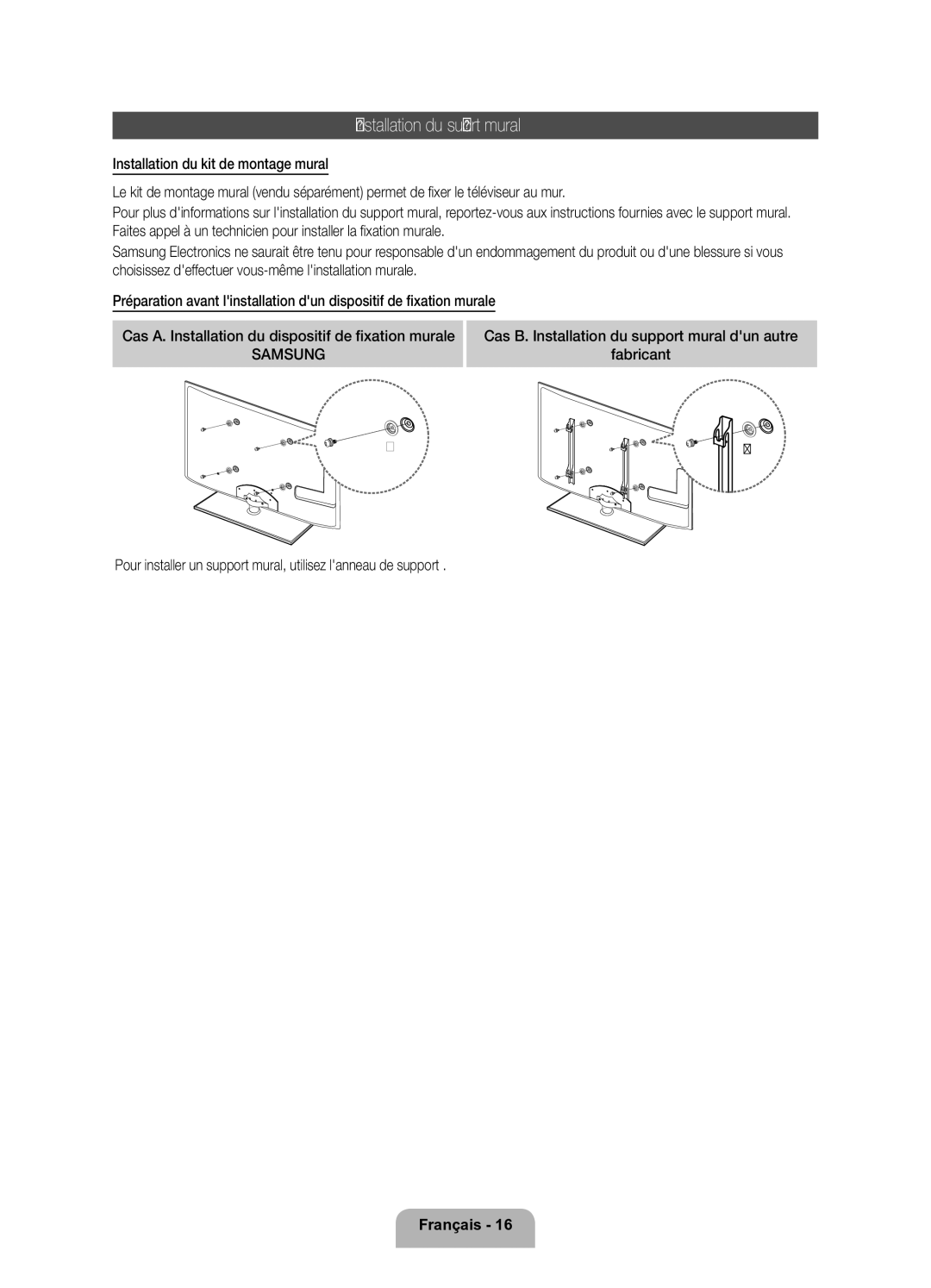 Samsung UE37D6200TSXZF, UE32D6200TSXZF manual Installation du support mural, Murale, Fabricant 