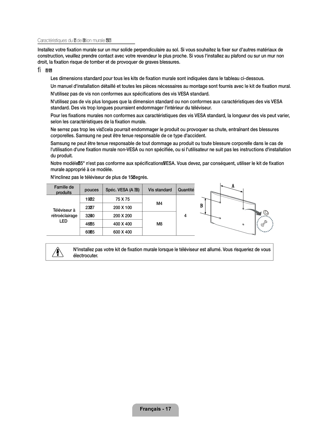 Samsung UE32D6200TSXZF, UE37D6200TSXZF manual Murale Vesa, Électrocuter 