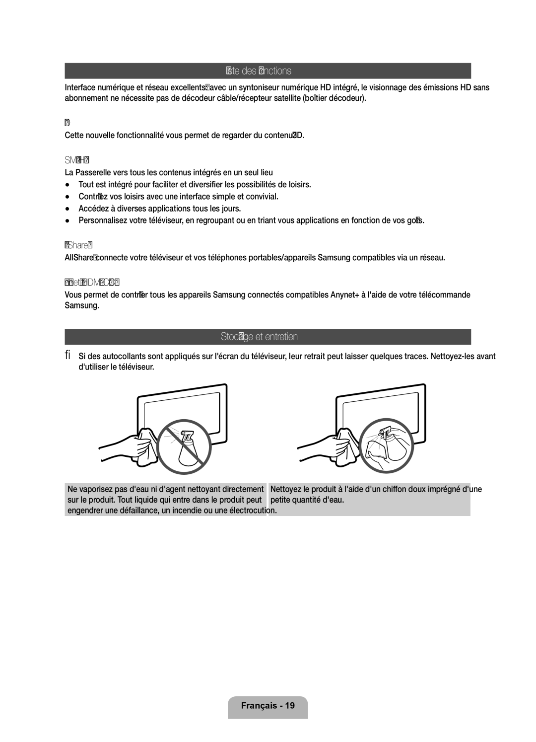 Samsung UE32D6200TSXZF, UE37D6200TSXZF manual Liste des fonctions, Stockage et entretien 