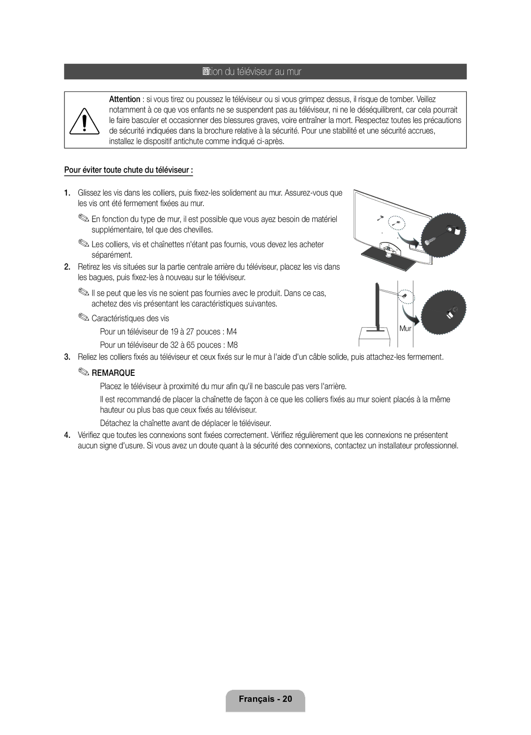 Samsung UE37D6200TSXZF, UE32D6200TSXZF manual Fixation du téléviseur au mur, Pour un téléviseur de 32 à 65 pouces M8, Mur 