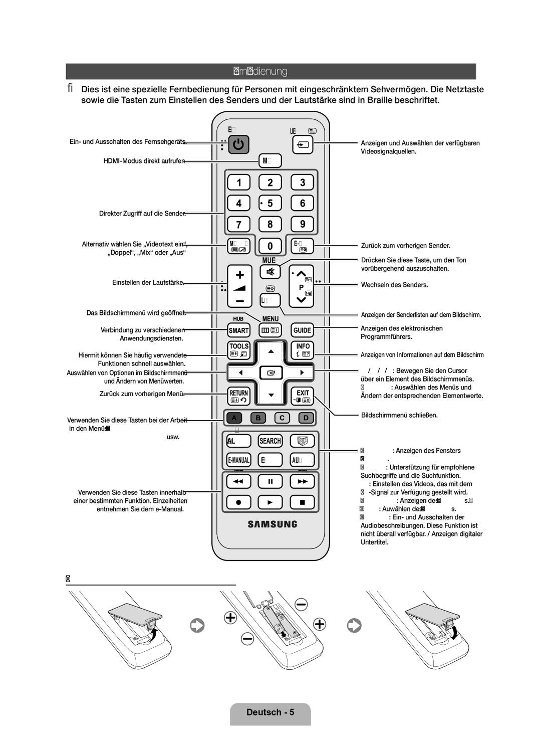 Samsung UE32D6200TSXZF, UE37D6200TSXZF manual Fernbedienung, Einlegen von Batterien Batteriegröße AAA 