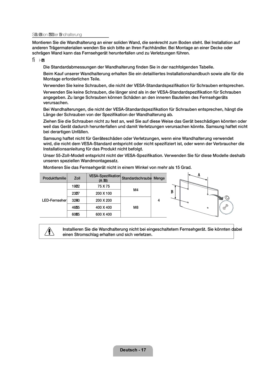 Samsung UE32D6200TSXZF, UE37D6200TSXZF manual Spezifikation Vesa der Wandhalterung, VESA-Spezifikation Standardschraube 