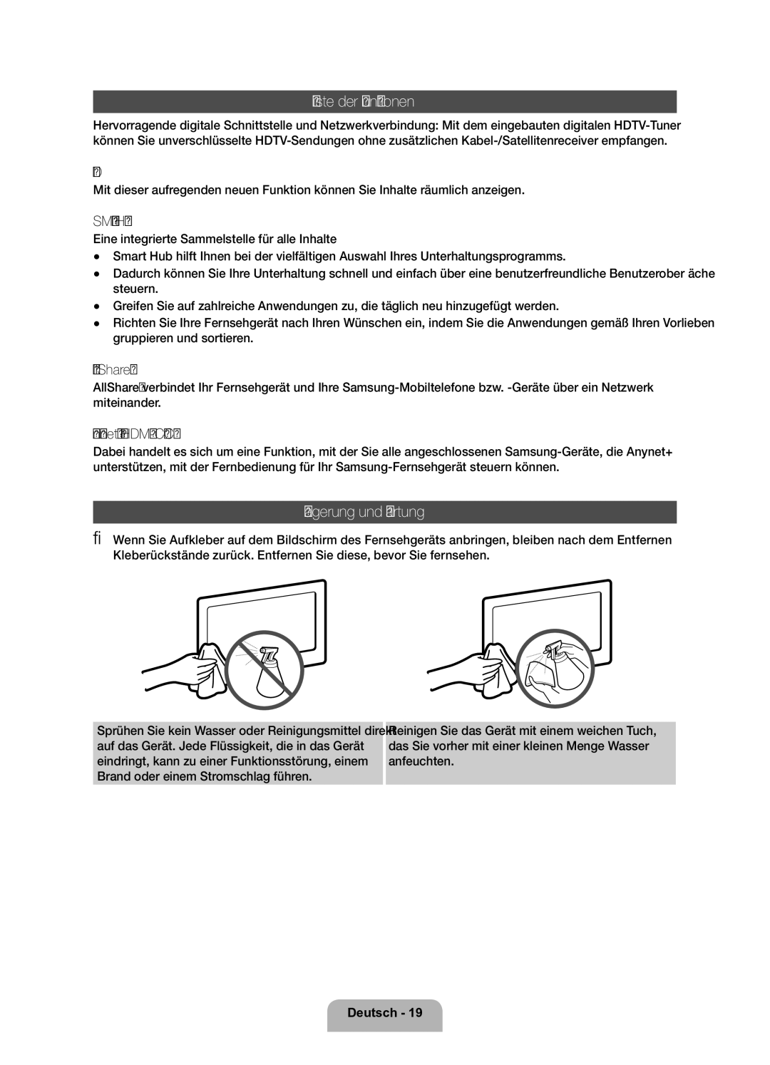 Samsung UE32D6200TSXZF, UE37D6200TSXZF manual Liste der Funktionen, Lagerung und Wartung 