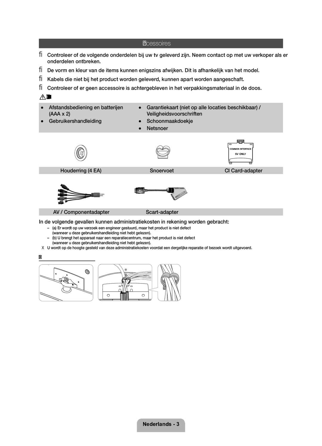 Samsung UE32D6200TSXZF, UE37D6200TSXZF manual Afstandsbediening en batterijen, De snoervoet installeren 