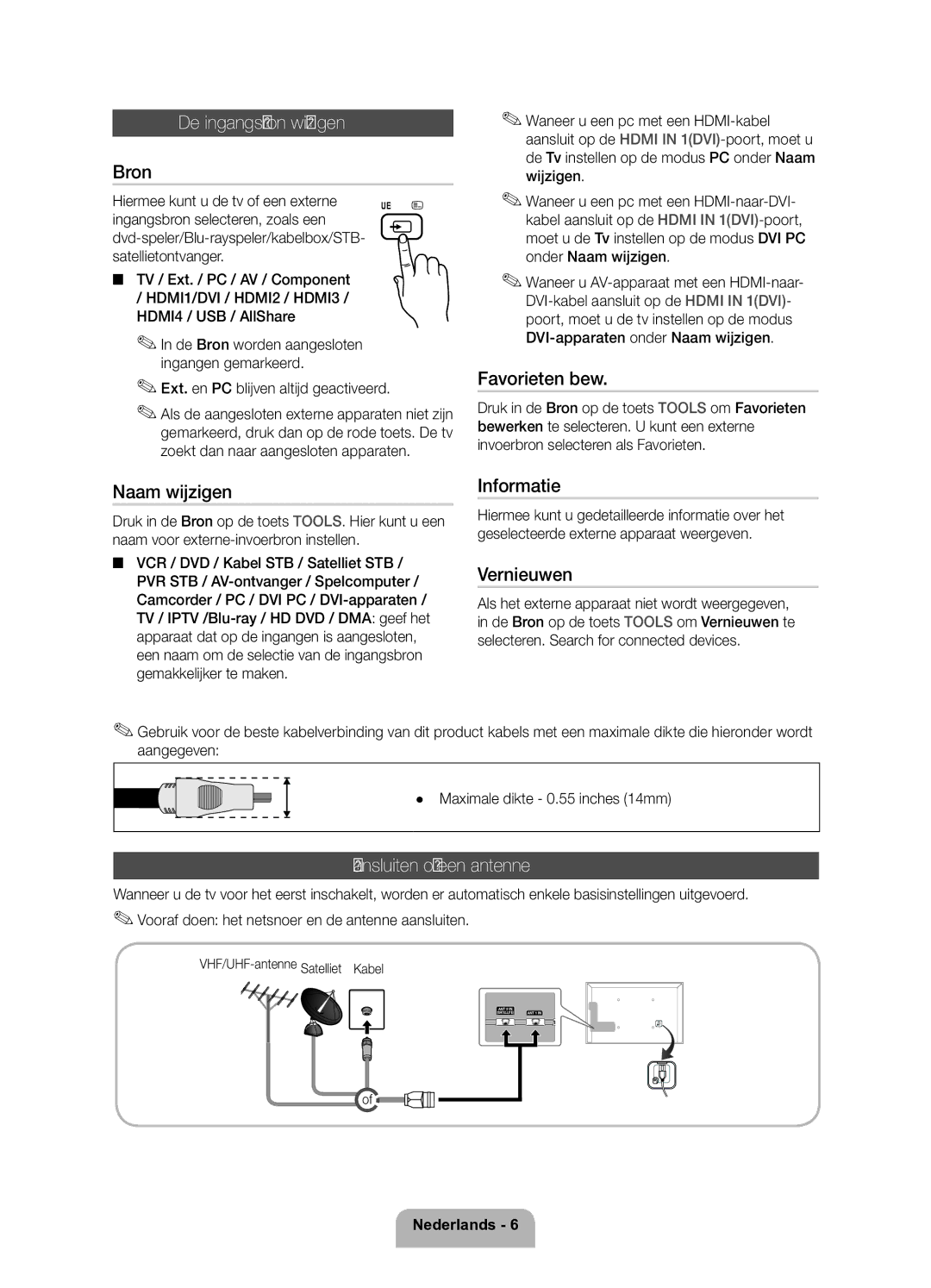 Samsung UE37D6200TSXZF, UE32D6200TSXZF manual De ingangsbron wijzigen, Aansluiten op een antenne 