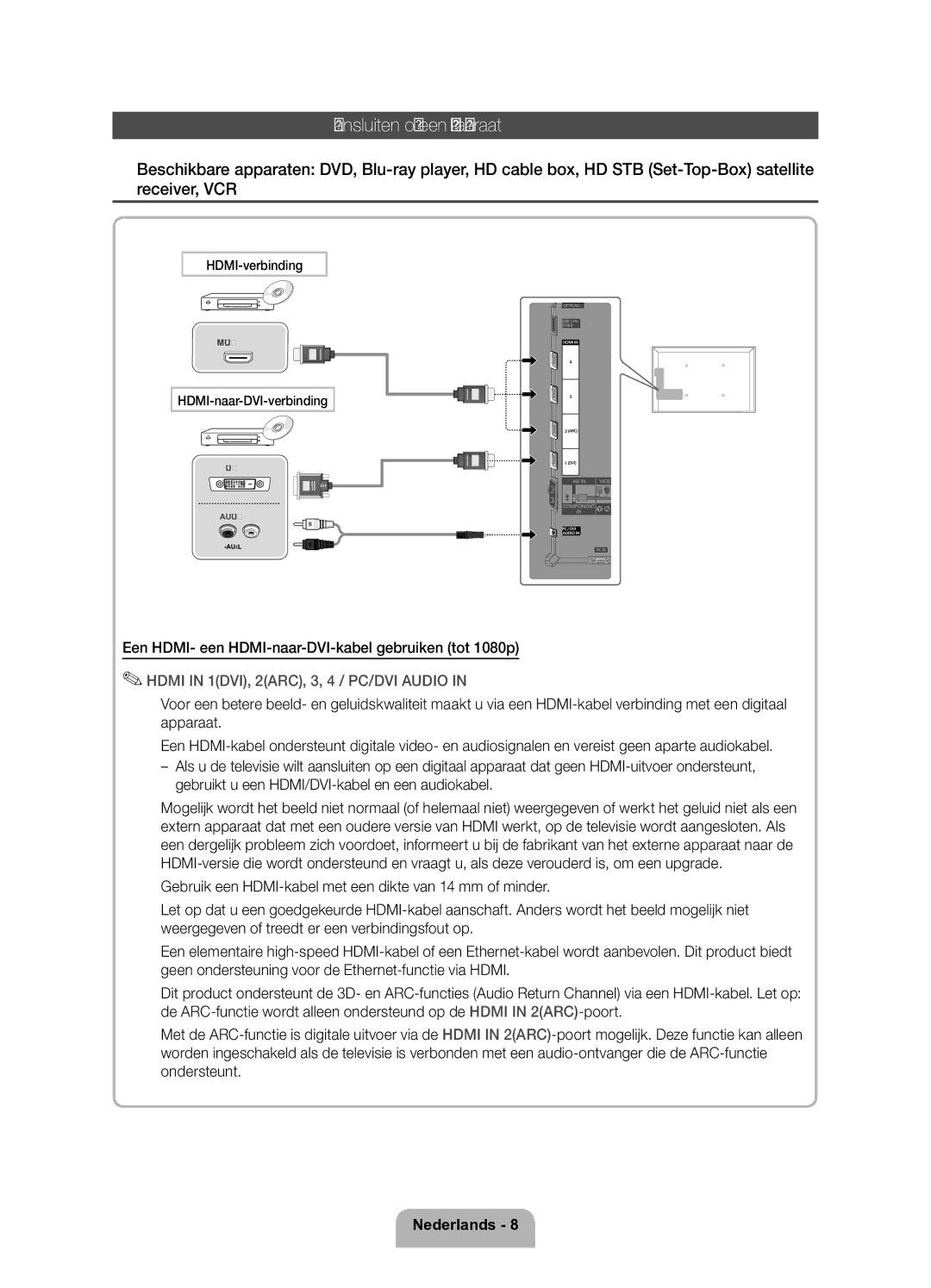 Samsung UE37D6200TSXZF manual Aansluiten op een AV-apparaat, Een HDMI- een HDMI-naar-DVI-kabel gebruiken tot 1080p 