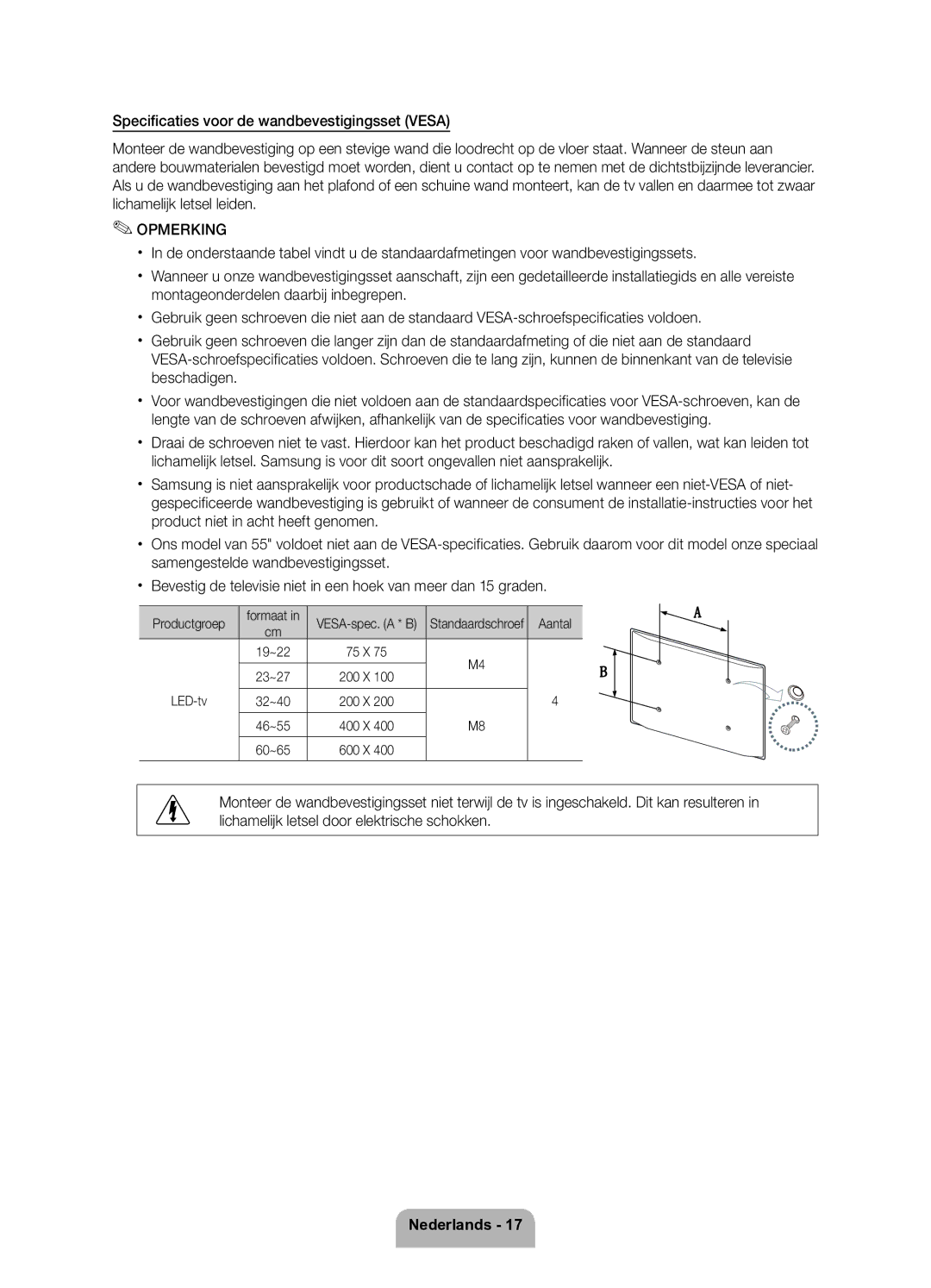 Samsung UE32D6200TSXZF, UE37D6200TSXZF manual Formaat VESA-spec. a * B Standaardschroef, 19~22 75 X 23~27 200 X 