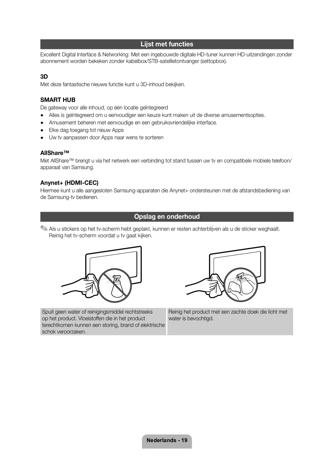 Samsung UE32D6200TSXZF, UE37D6200TSXZF manual Lijst met functies, Opslag en onderhoud 