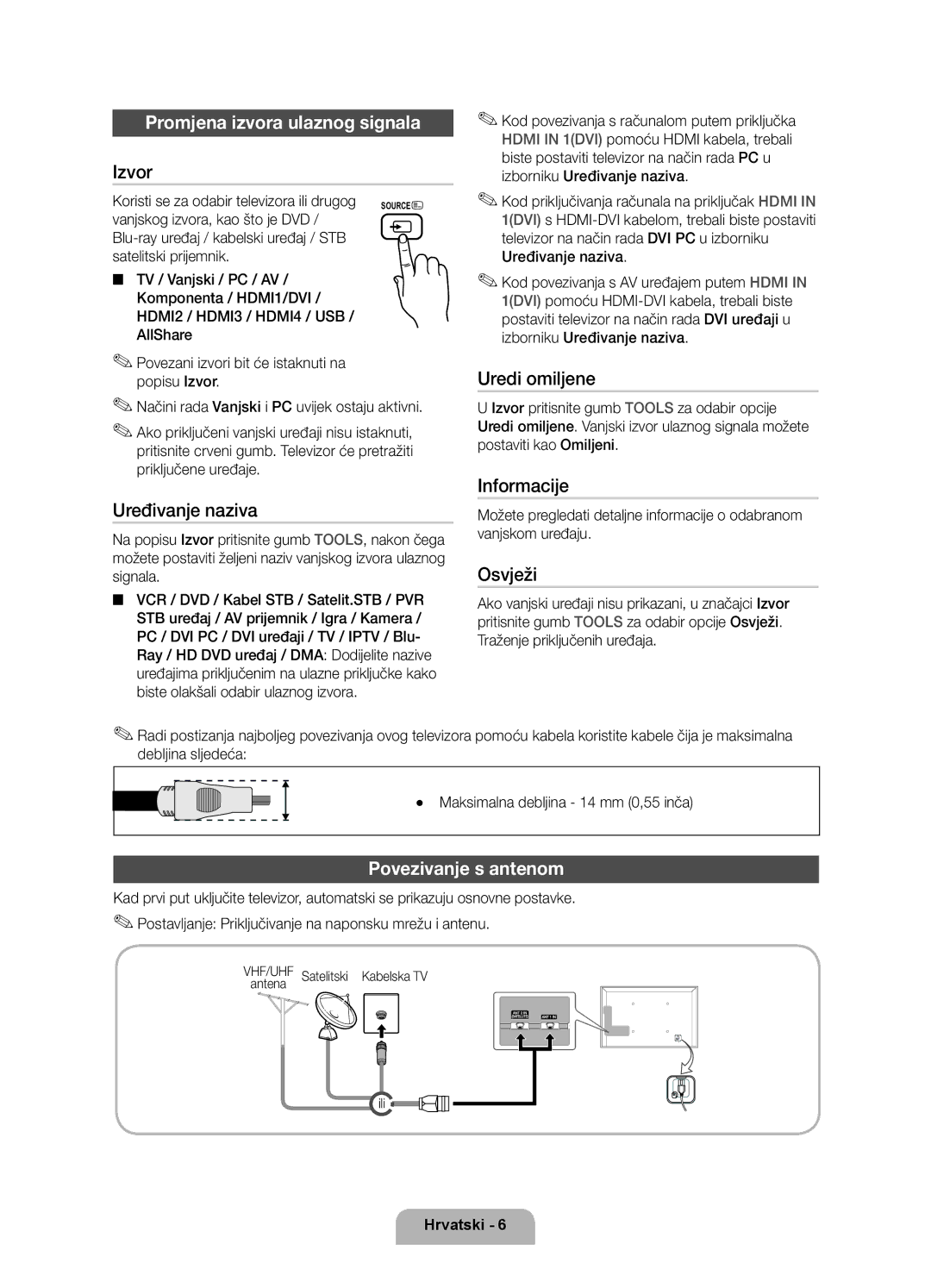 Samsung UE55D6750WSXXH, UE37D6750WSXXH, UE40D6750WSXXH manual Promjena izvora ulaznog signala, Povezivanje s antenom 