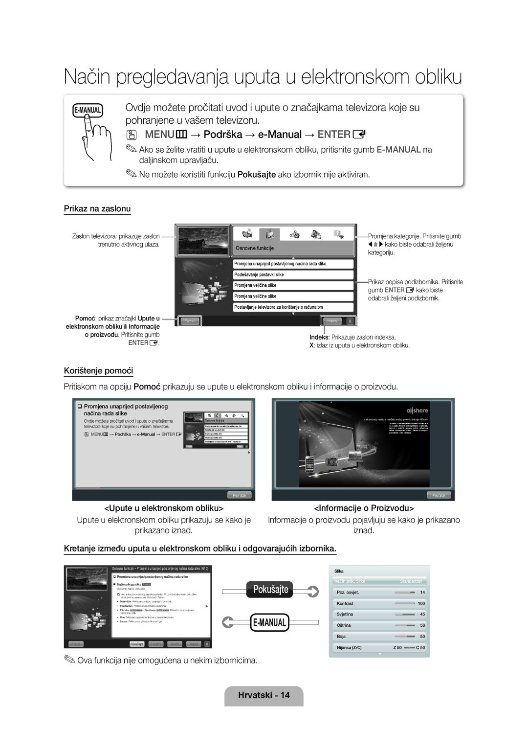 Samsung UE55D6750WSXXH manual MENUm → Podrška → e-Manual → Entere, Ova funkcija nije omogućena u nekim izbornicima 