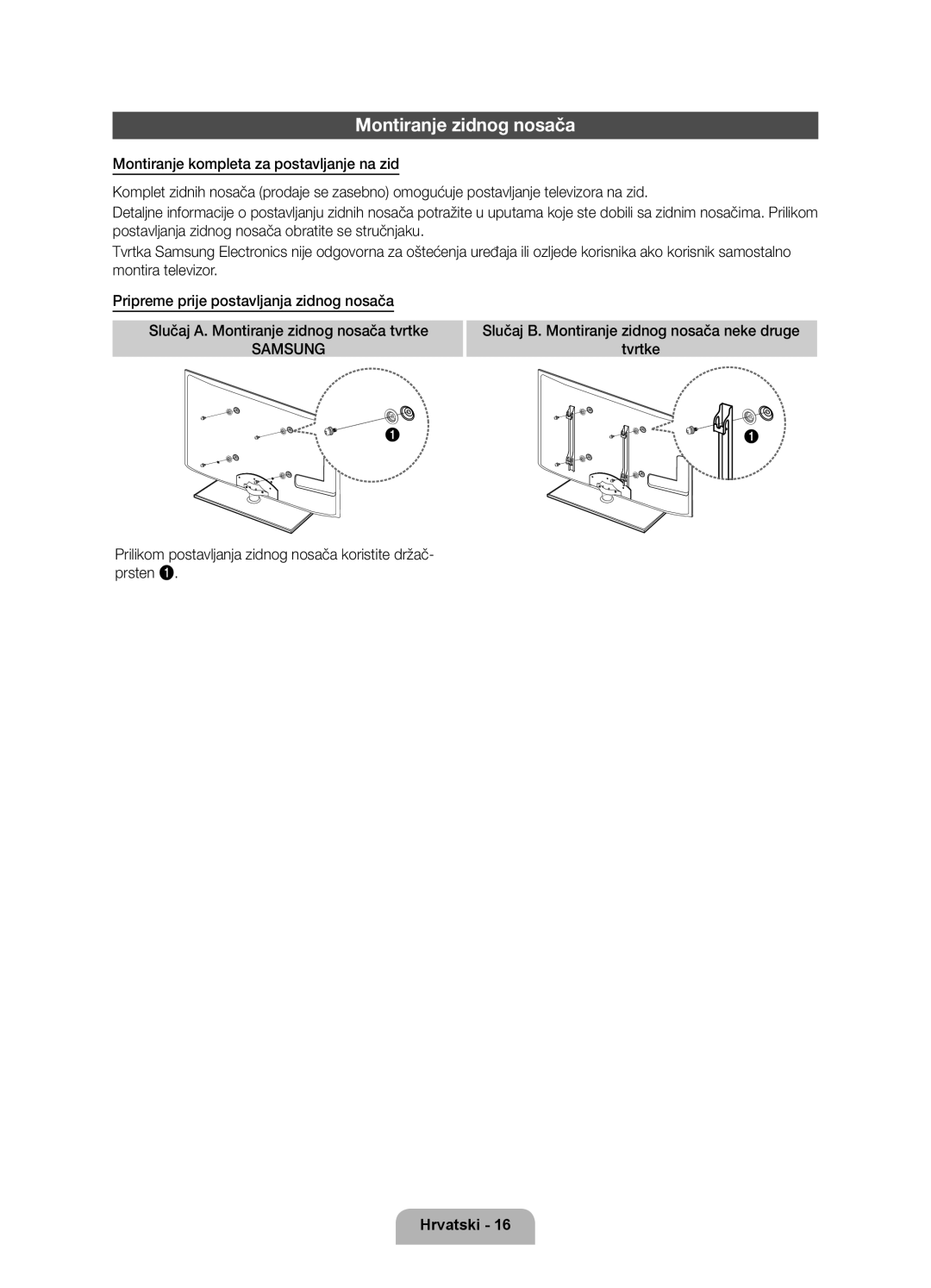 Samsung UE40D6750WSXZG, UE37D6750WSXXH, UE40D6750WSXXH, UE32D6750WSXXH, UE46D6750WSXXH manual Montiranje zidnog nosača, Samsung 