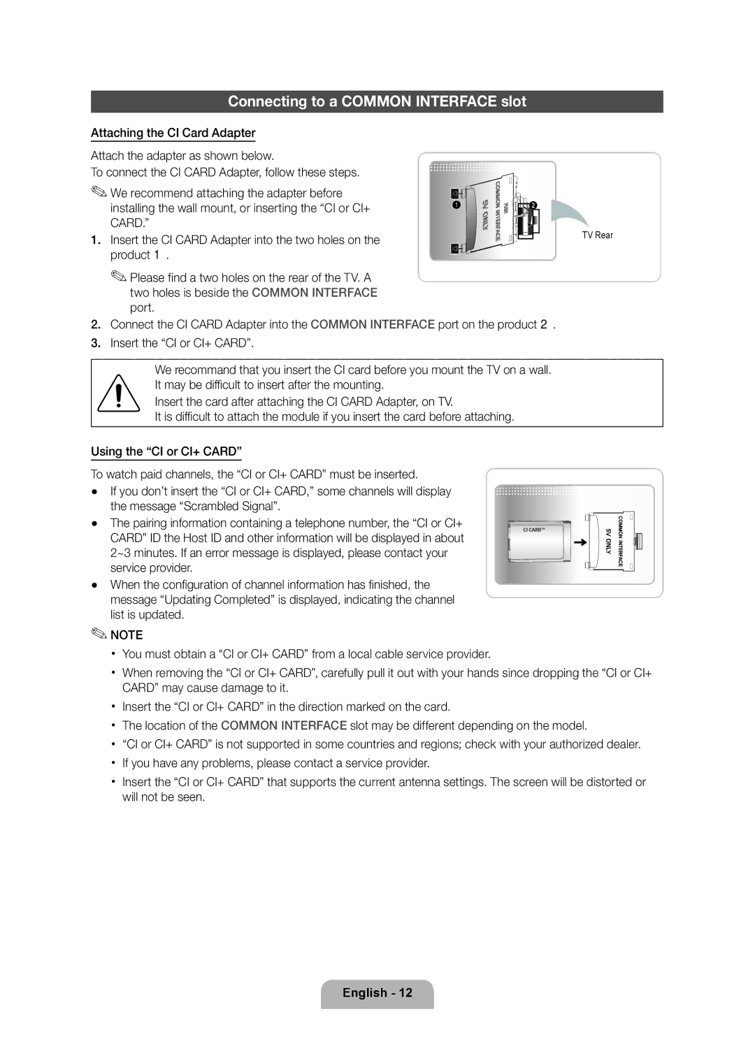 Samsung UE55D6750WSXXH manual Connecting to a Common Interface slot, Mounting, It may be difficult to insert After, TV Rear 