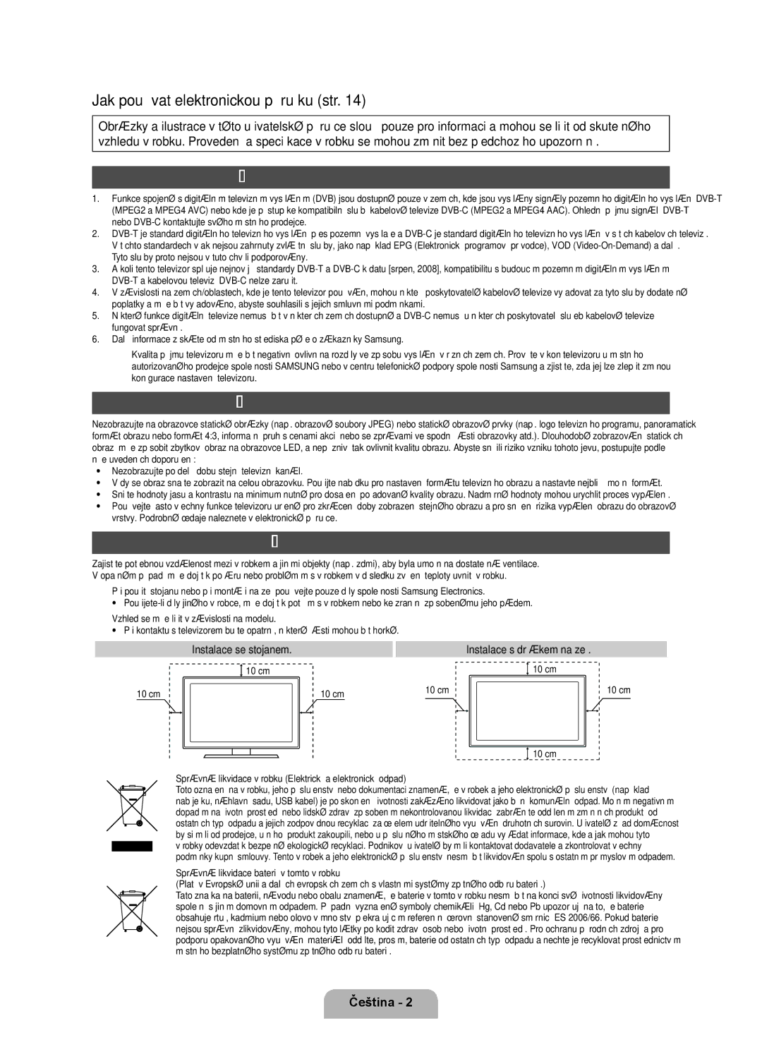 Samsung UE55D6750WSXXH, UE37D6750WSXXH Jak používat elektronickou příručku str, Oznámení o digitálním televizním vysílání 