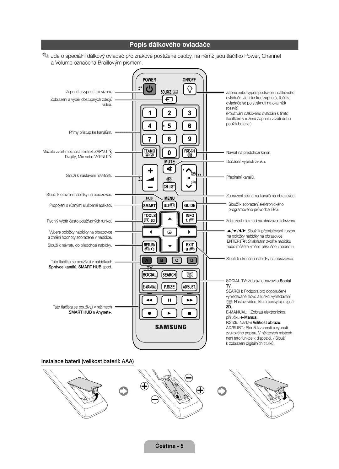 Samsung UE46D6750WSXZG, UE37D6750WSXXH, UE40D6750WSXXH Popis dálkového ovladače, Instalace baterií velikost baterií AAA 