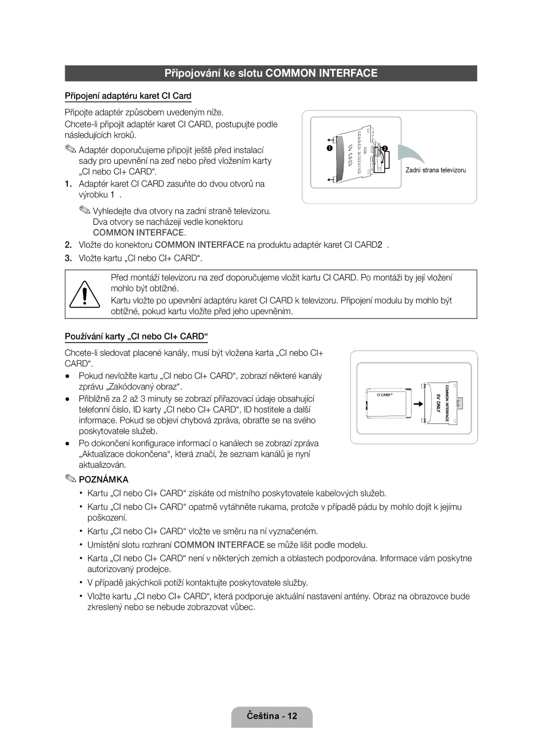 Samsung UE40D6750WSXZG Připojování ke slotu Common Interface, Vložte kartu „CI nebo CI+ Card, Zadní strana televizoru 