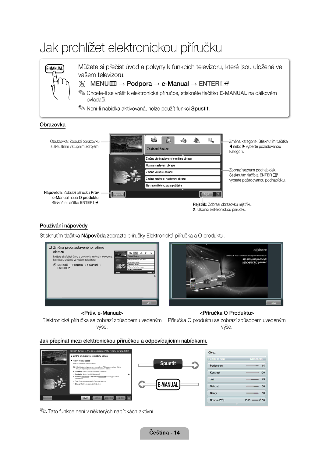 Samsung UE37D6750WSXXH MENUm → Podpora → e-Manual → Entere, Tato funkce není v některých nabídkách aktivní, Kategorii 