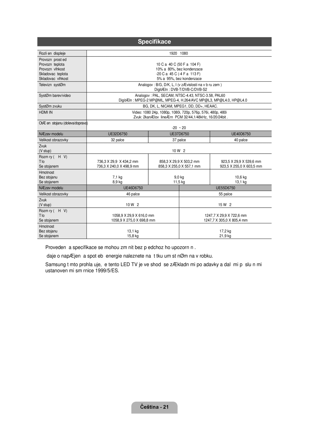 Samsung UE46D6750WSXZG, UE37D6750WSXXH, UE40D6750WSXXH, UE32D6750WSXXH, UE46D6750WSXXH, UE55D6750WSXXH manual Specifikace 