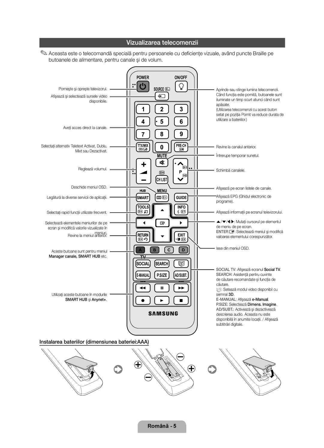 Samsung UE46D6750WSXZG, UE37D6750WSXXH manual Vizualizarea telecomenzii, Instalarea bateriilor dimensiunea baterieiAAA 