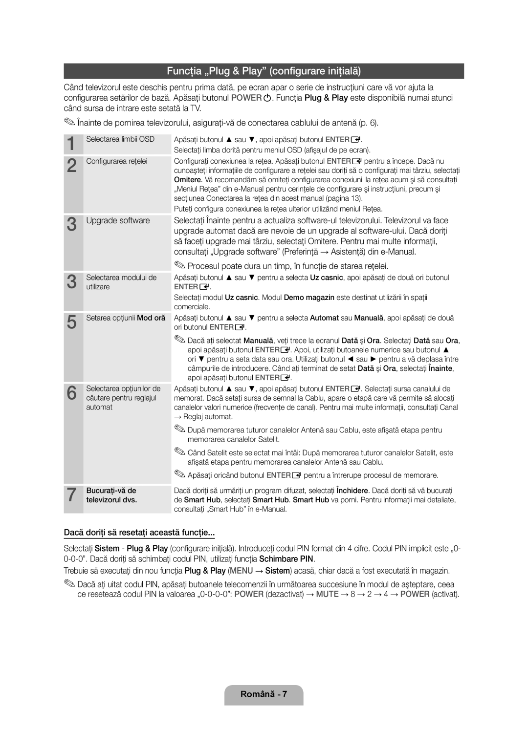 Samsung UE40D6750WSXXH Funcţia „Plug & Play configurare iniţială, Upgrade software, Setarea opţiunii Mod oră, Automat 