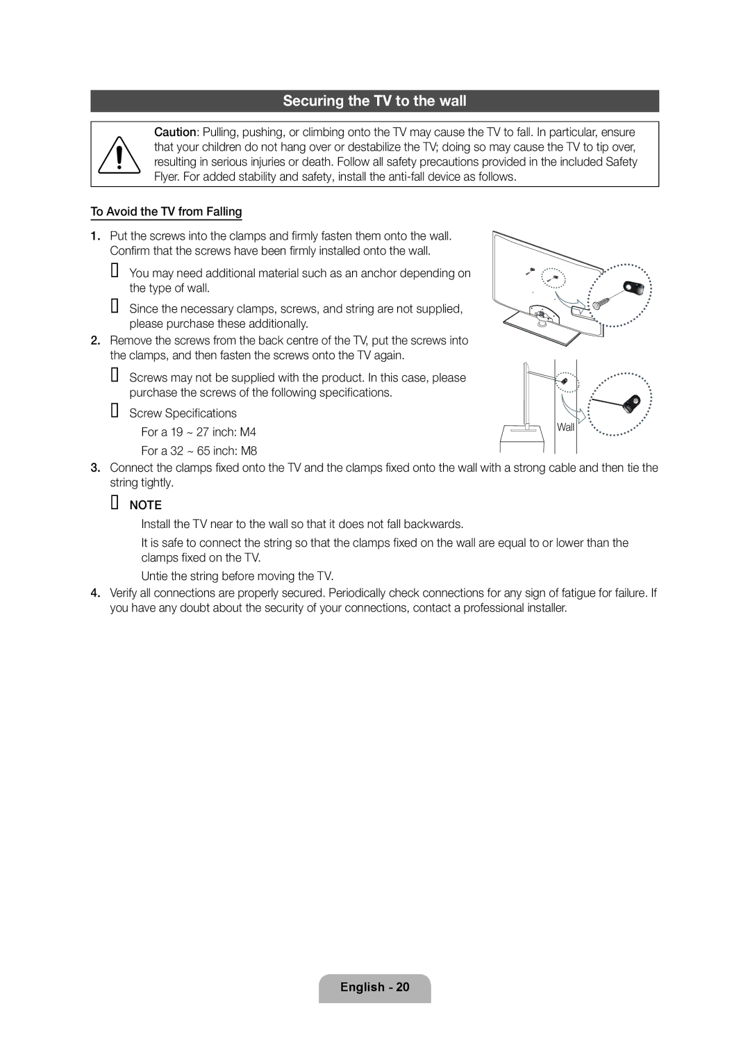 Samsung UE55D6750WSXXH, UE37D6750WSXXH, UE40D6750WSXXH, UE32D6750WSXXH, UE46D6750WSXXH manual Securing the TV to the wall, Wall 