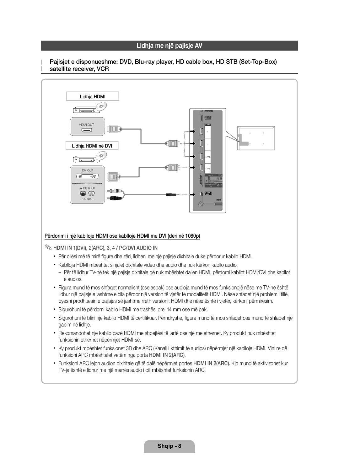 Samsung UE32D6750WSXXH, UE37D6750WSXXH, UE40D6750WSXXH, UE46D6750WSXXH manual Lidhja me një pajisje AV, Lidhja Hdmi në DVI 