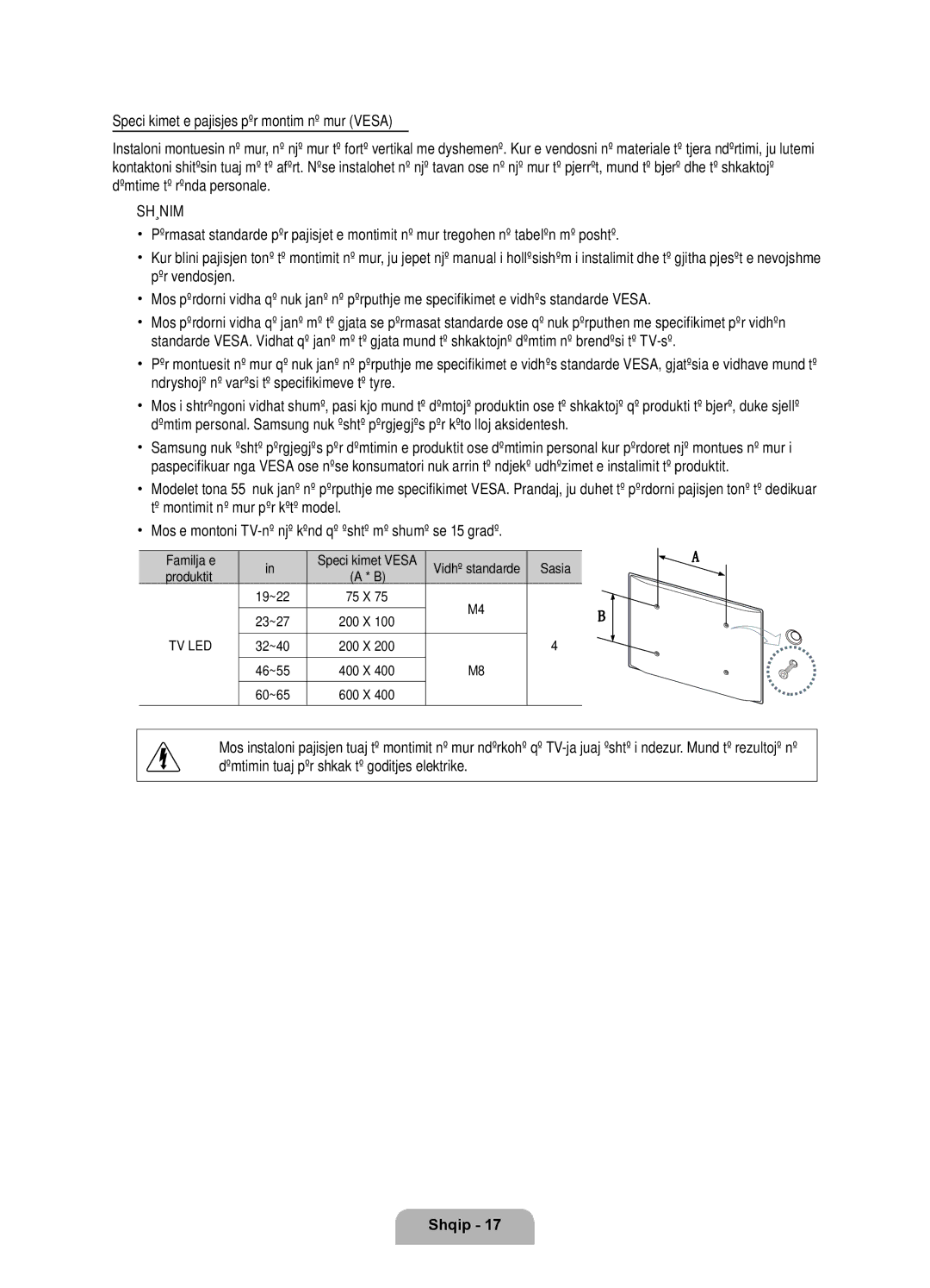 Samsung UE46D6750WSXXH manual Familja e Inç, Sasia, Specifikimet Vesa Vidhë standarde, Produktit 19~22 75 X 23~27 200 X 