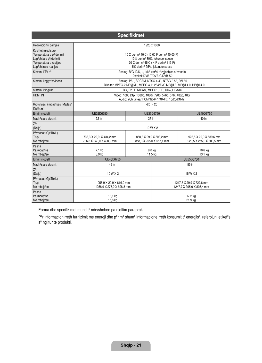 Samsung UE46D6750WSXZG, UE37D6750WSXXH, UE40D6750WSXXH, UE32D6750WSXXH, UE46D6750WSXXH, UE55D6750WSXXH manual Specifikimet 