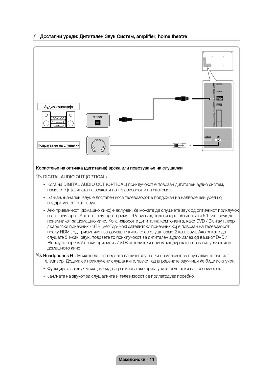 Samsung UE40D6750WSXXH, UE37D6750WSXXH, UE32D6750WSXXH, UE46D6750WSXXH manual Аудио конекција, Поврзување на слушалки 