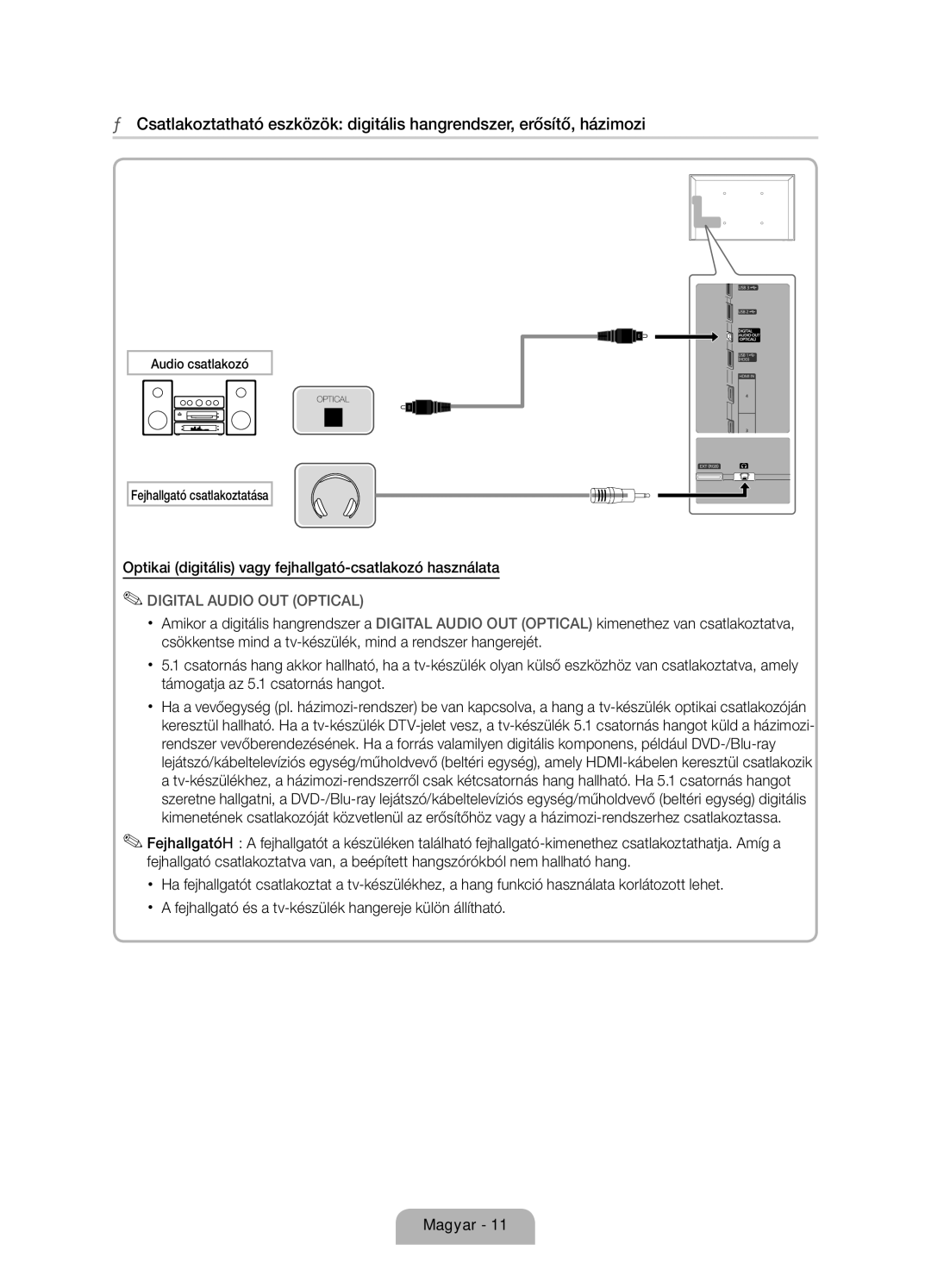 Samsung UE40D6750WSXXH, UE37D6750WSXXH manual Optikai digitális vagy fejhallgató-csatlakozó használata, Audio csatlakozó 