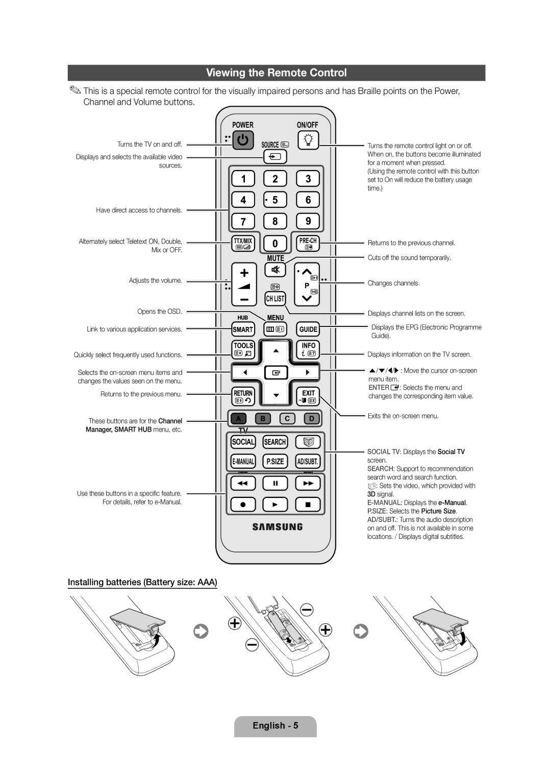 Samsung UE37D6750WSXZG, UE37D6750WSXXH, UE40D6750WSXXH Viewing the Remote Control, Installing batteries Battery size AAA 