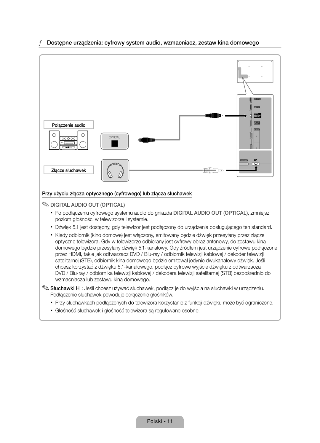 Samsung UE37D6750WSXZG, UE37D6750WSXXH, UE40D6750WSXXH, UE32D6750WSXXH, UE46D6750WSXXH Połączenie audio, Złącze słuchawek 