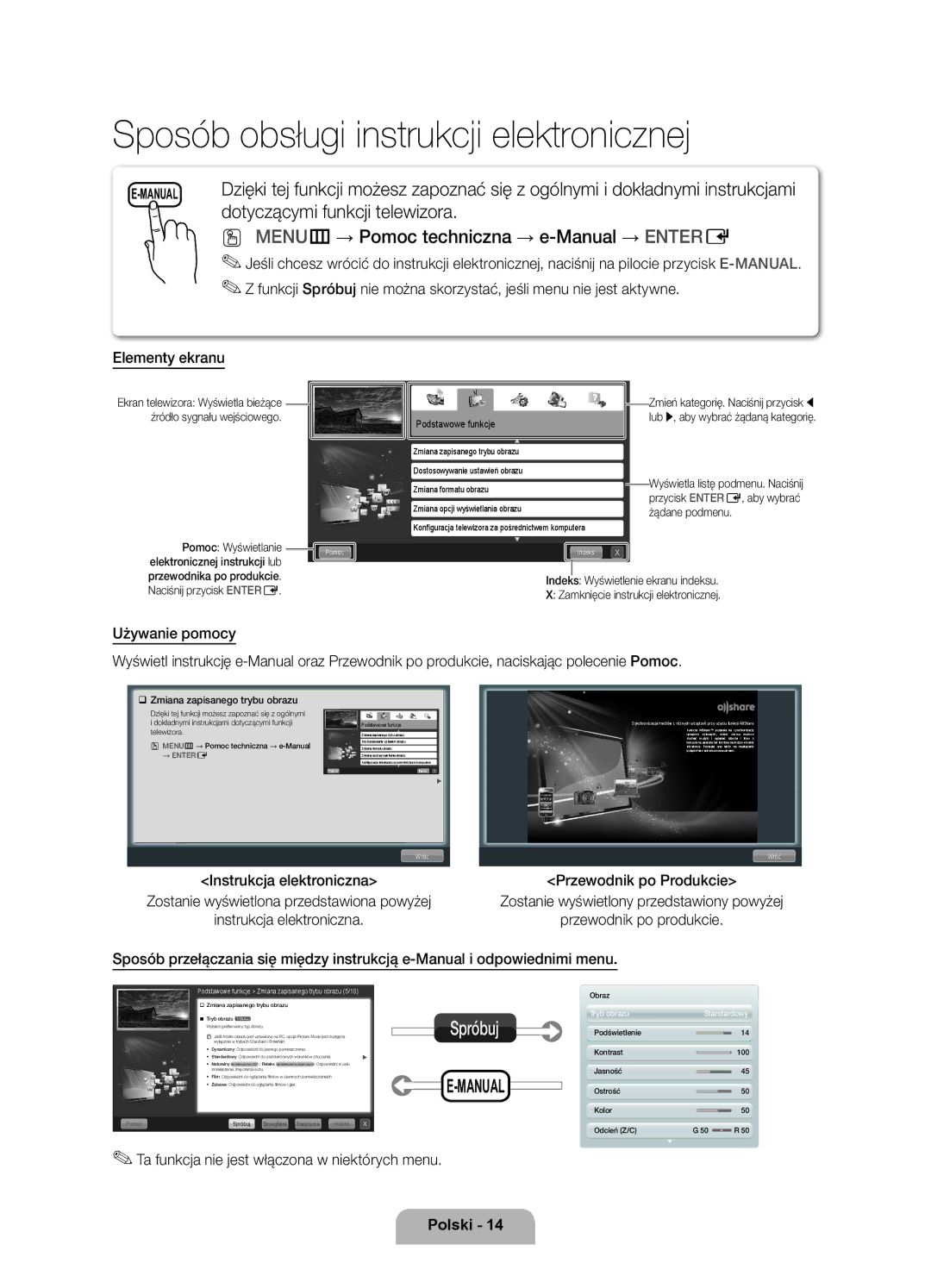 Samsung UE37D6750WSXXH manual MENUm → Pomoc techniczna → e-Manual → Entere, Ta funkcja nie jest włączona w niektórych menu 