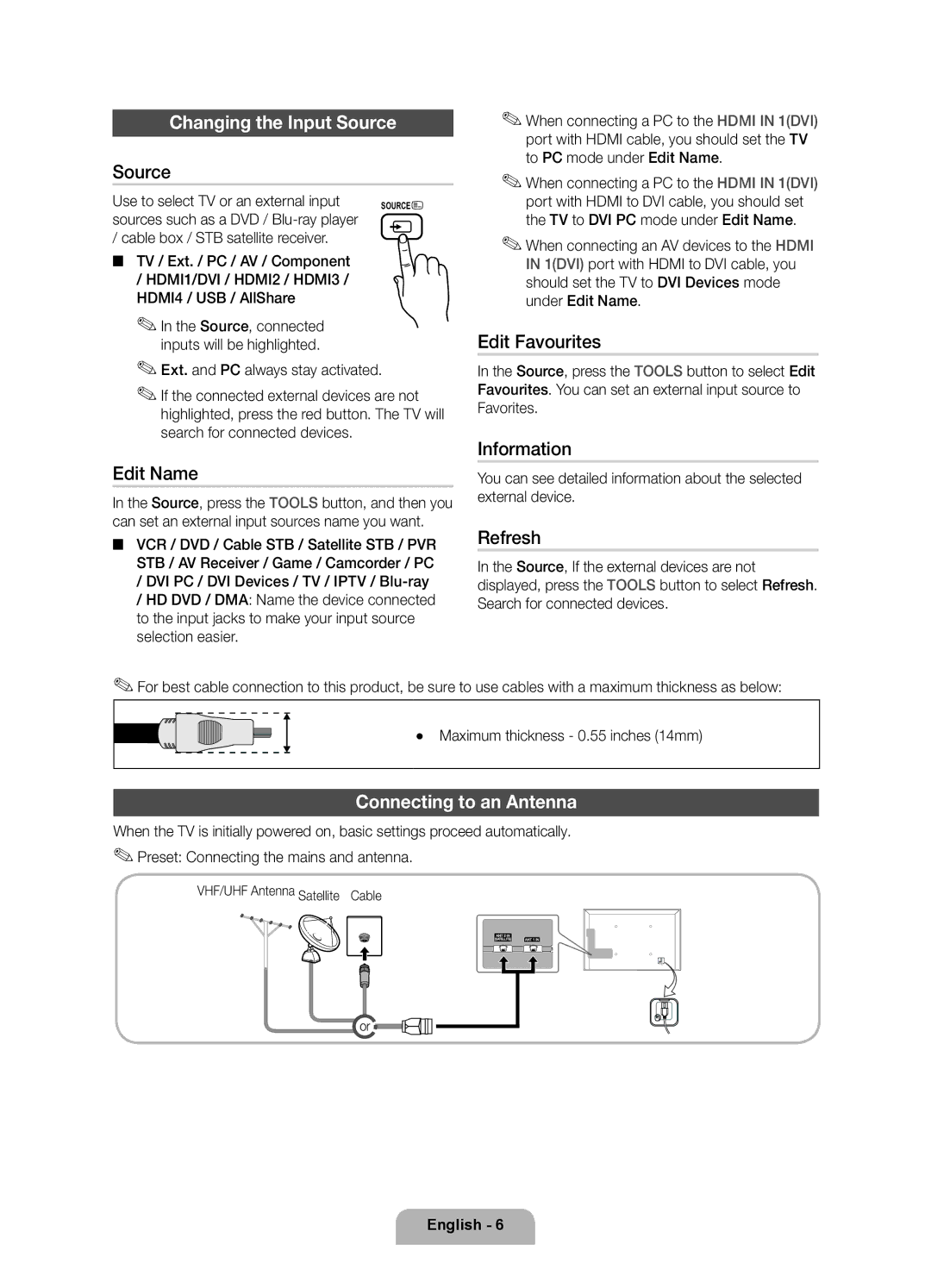 Samsung UE40D6750WSXZG, UE37D6750WSXXH, UE40D6750WSXXH, UE32D6750WSXXH Changing the Input Source, Connecting to an Antenna 