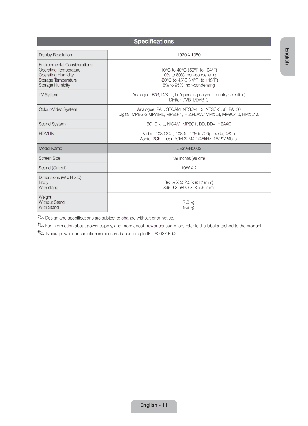 Samsung UE39EH5003WXZF manual Specifications 