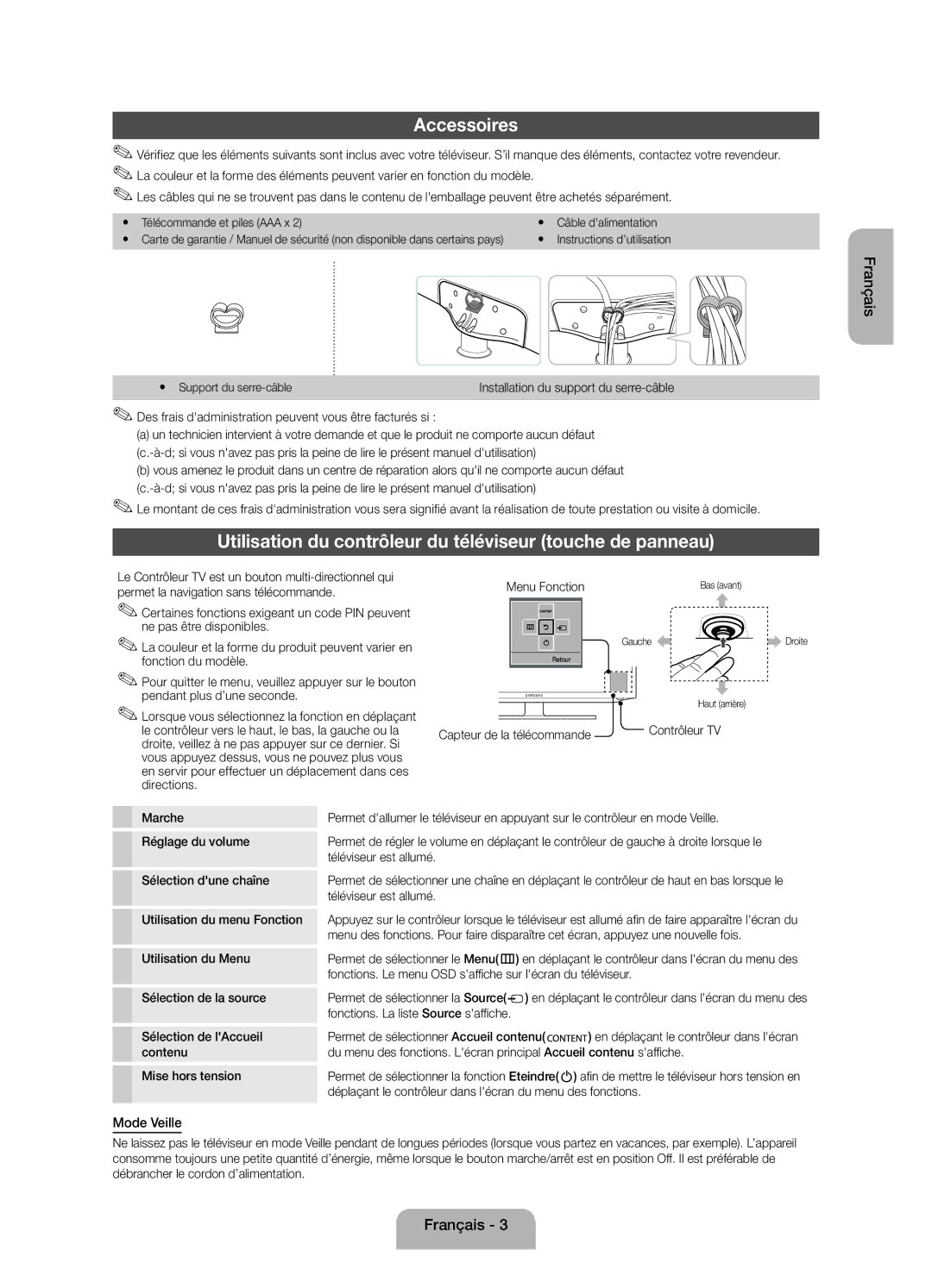 Samsung UE39EH5003WXZF manual Accessoires, Utilisation du contrôleur du téléviseur touche de panneau, Mode Veille 