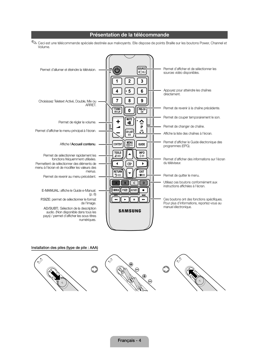 Samsung UE39EH5003WXZF manual Présentation de la télécommande, Installation des piles type de pile AAA 