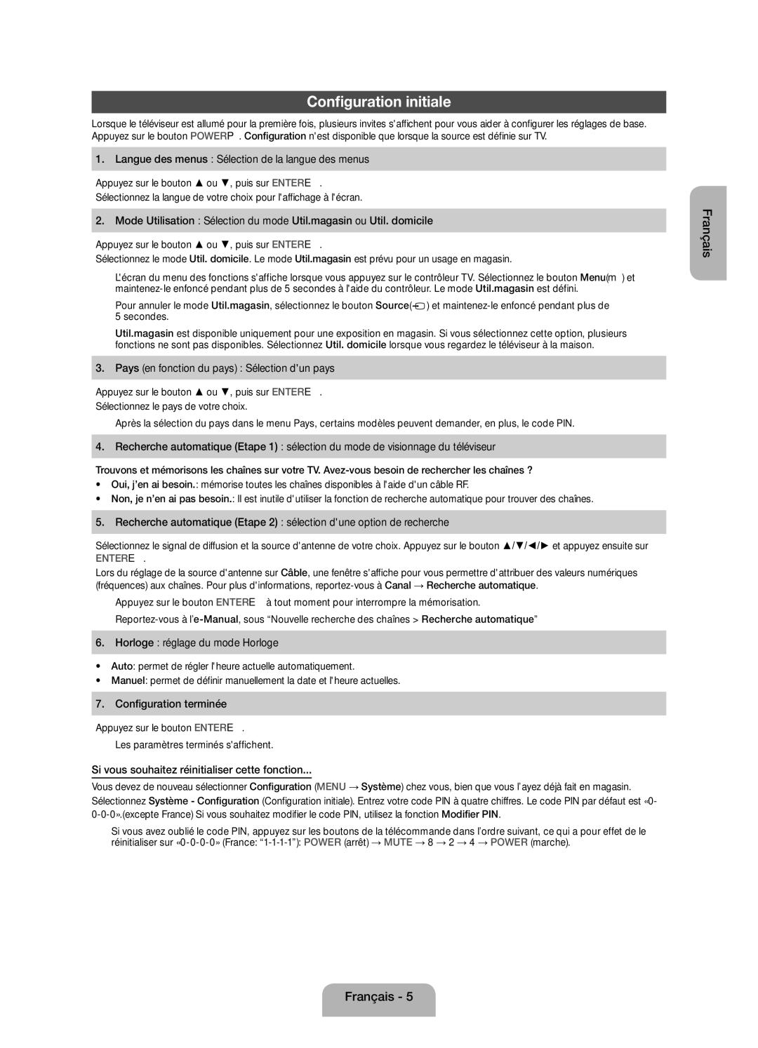 Samsung UE39EH5003WXZF manual Configuration initiale 