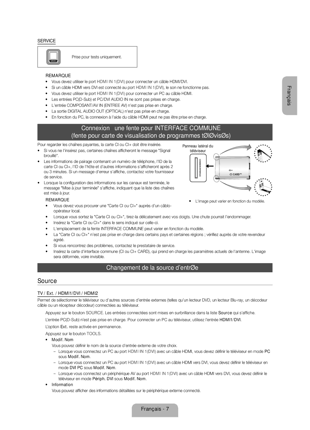 Samsung UE39EH5003WXZF manual Changement de la source dentrée, Prise pour tests uniquement, Est mise à jour 