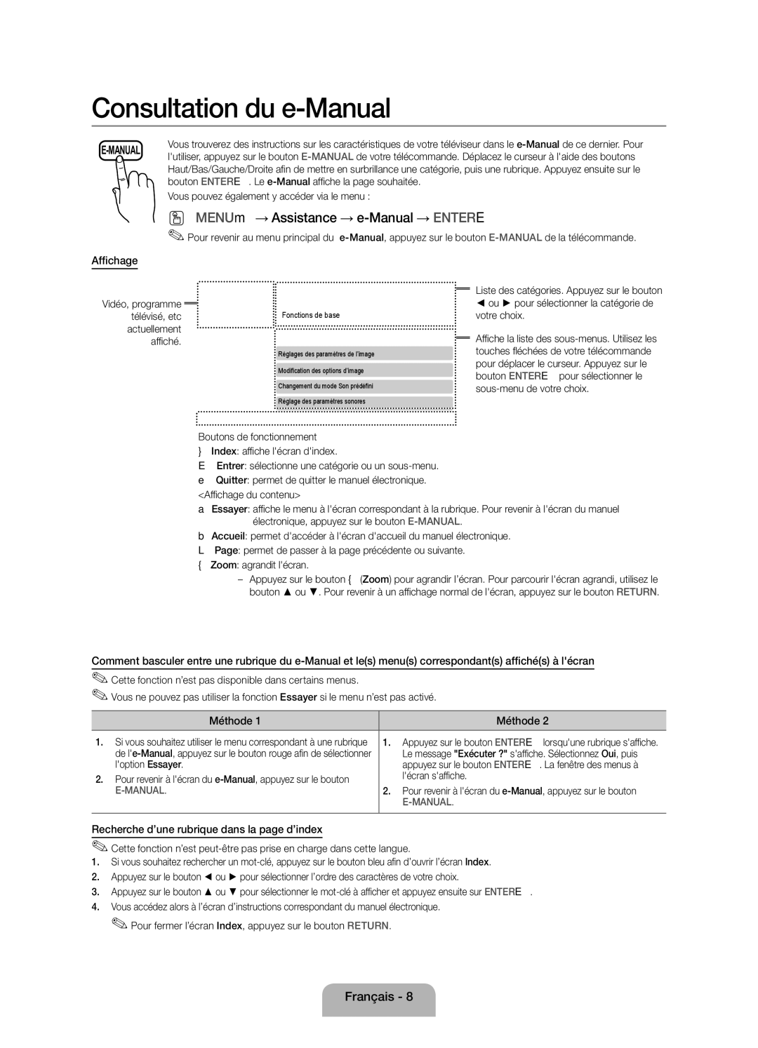 Samsung UE39EH5003WXZF manual Affichage, Méthode, Recherche d’une rubrique dans la page d’index 