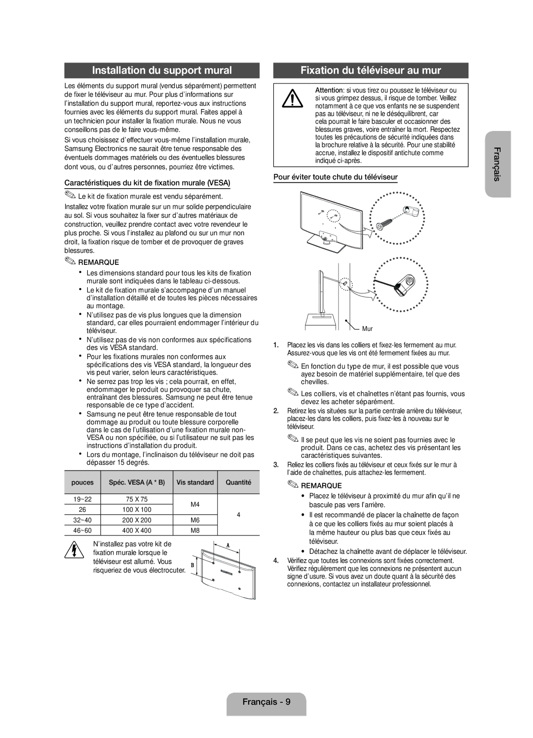 Samsung UE39EH5003WXZF Installation du support mural, Fixation du téléviseur au mur, Pour éviter toute chute du téléviseur 