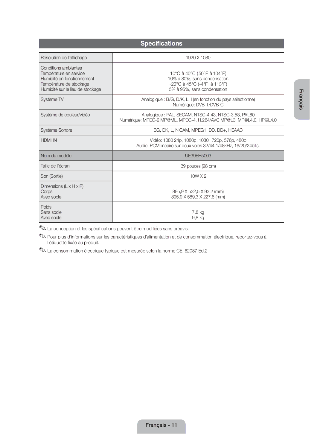 Samsung UE39EH5003WXZF Résolution de l’affichage, Conditions ambiantes Température en service, Humidité en fonctionnement 