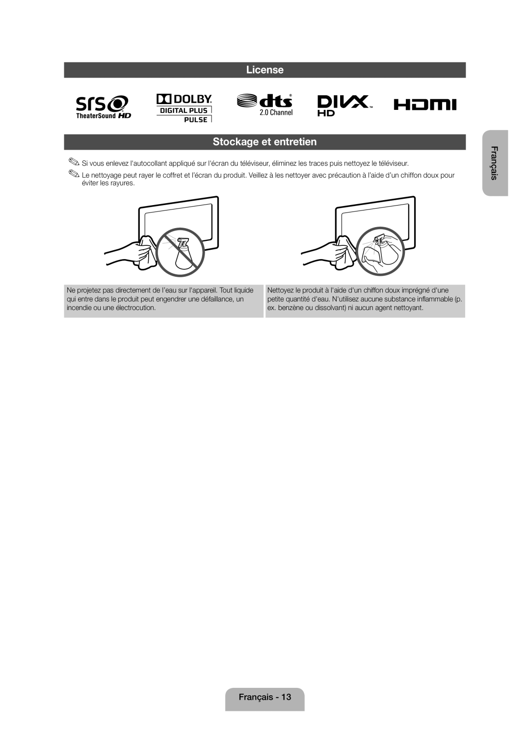 Samsung UE39EH5003WXZF manual License Stockage et entretien 