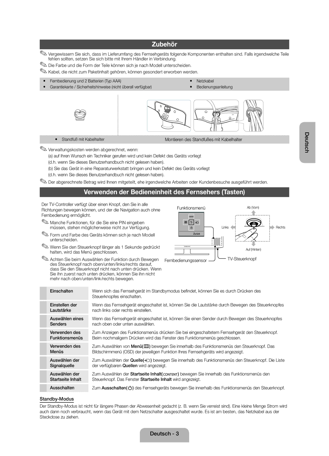 Samsung UE39EH5003WXZF manual Zubehör, Verwenden der Bedieneinheit des Fernsehers Tasten, Standby-Modus 