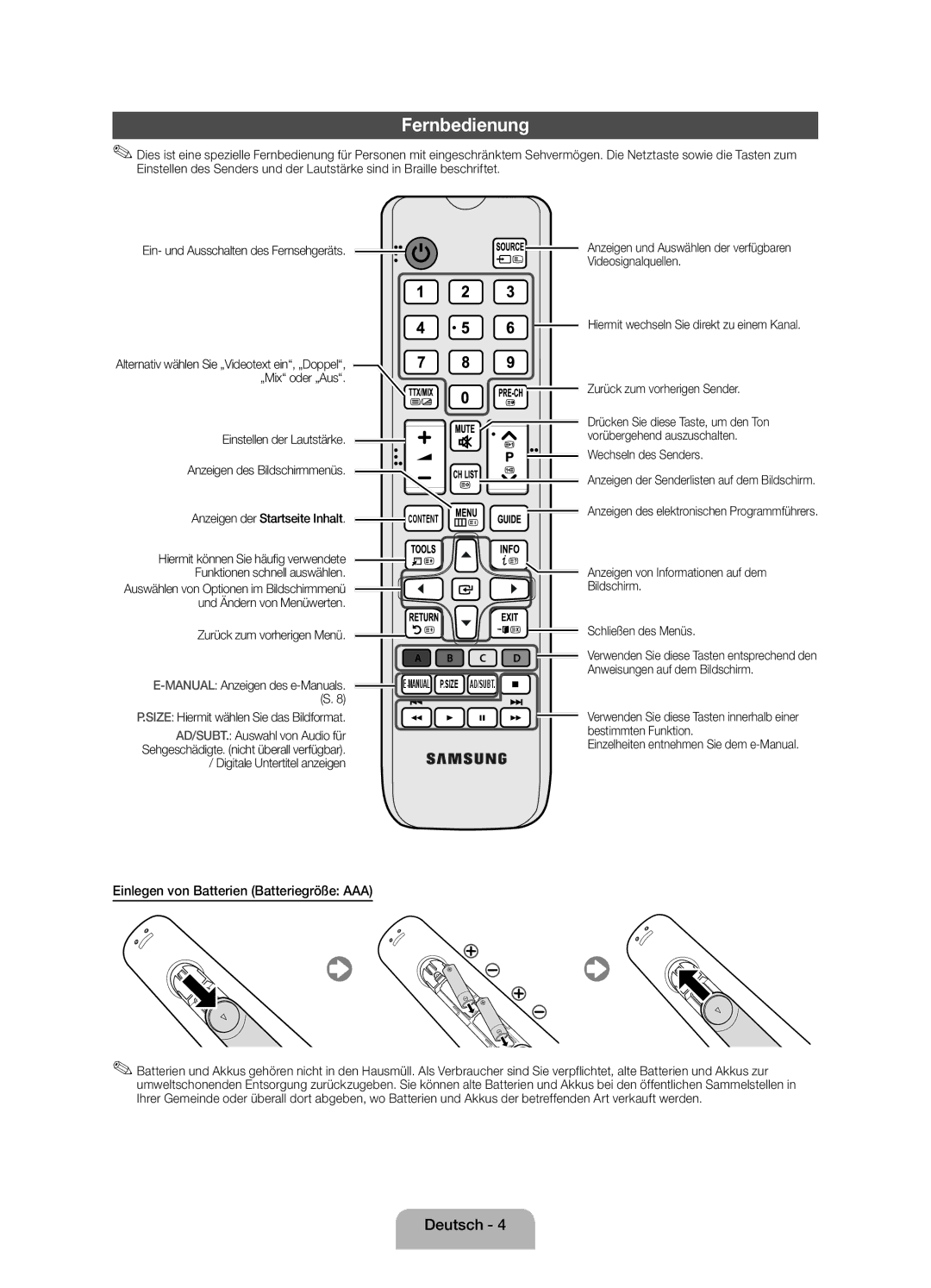 Samsung UE39EH5003WXZF manual Fernbedienung, Einlegen von Batterien Batteriegröße AAA 