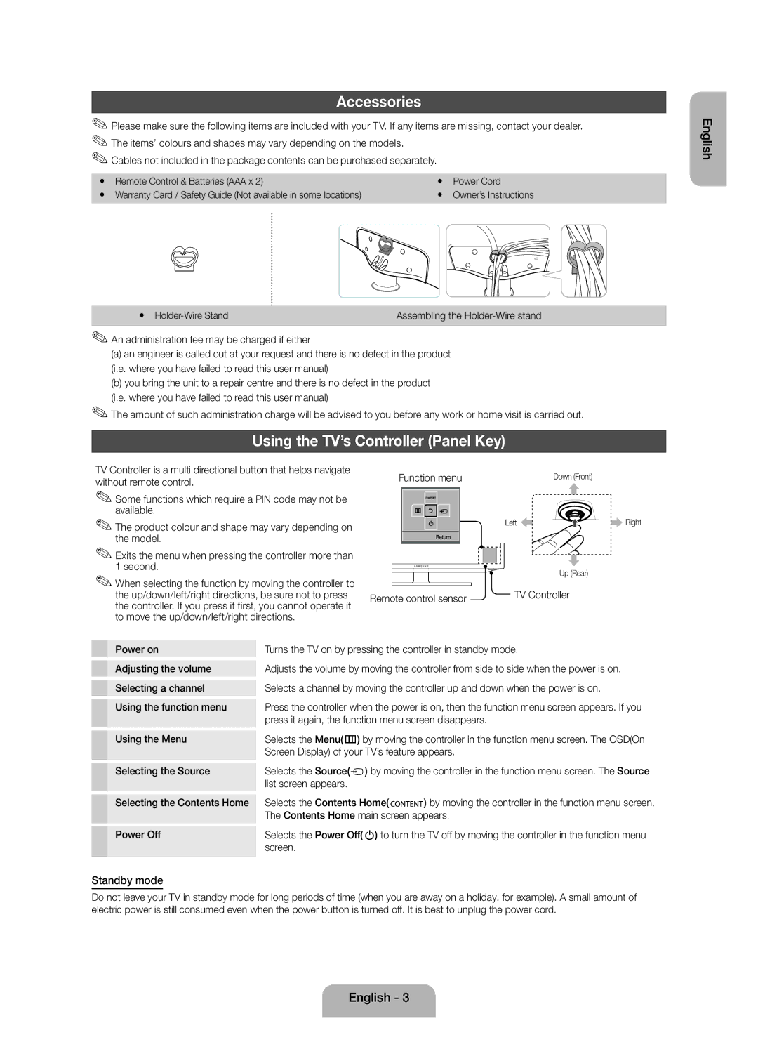 Samsung UE39EH5003WXZF manual Accessories, Using the TV’s Controller Panel Key, Standby mode 