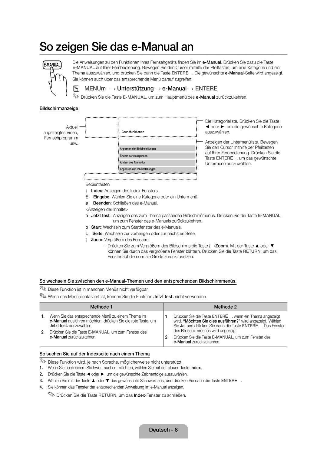 Samsung UE39EH5003WXZF manual Bildschirmanzeige, Methode, So suchen Sie auf der Indexseite nach einem Thema 