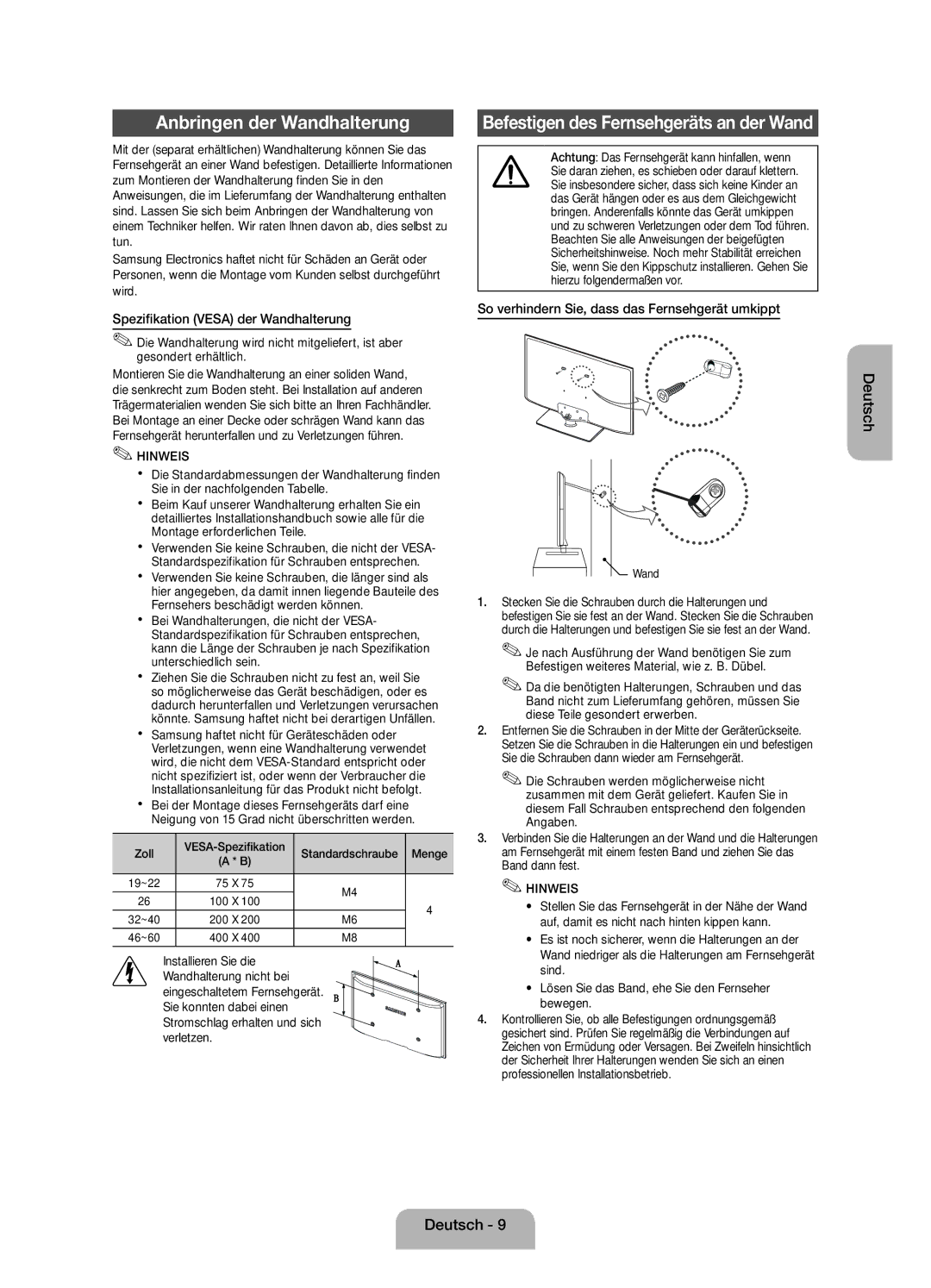 Samsung UE39EH5003WXZF manual Anbringen der Wandhalterung, Spezifikation Vesa der Wandhalterung 