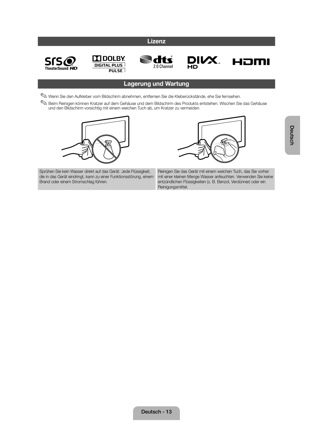 Samsung UE39EH5003WXZF manual Lizenz Lagerung und Wartung 