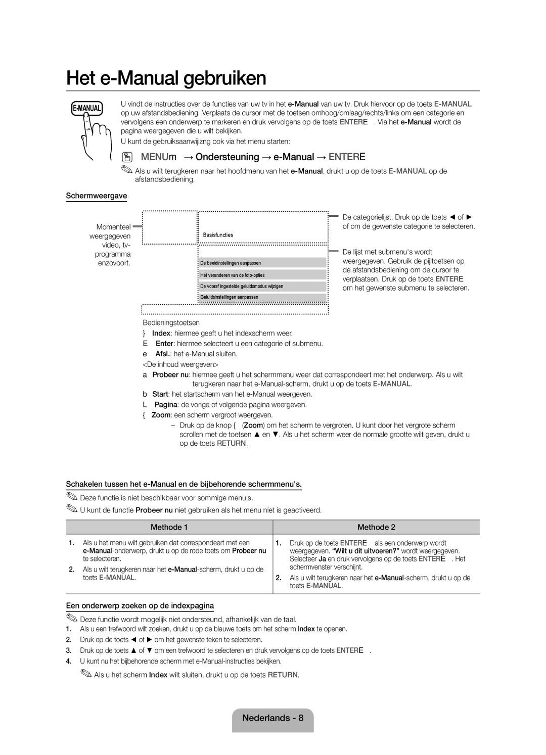 Samsung UE39EH5003WXZF manual Schermweergave, Een onderwerp zoeken op de indexpagina 